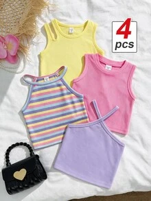 SHEIN Áo ba lỗ thường ngày có gân cho bé gái với nhiều kiểu cổ khác nhau cho mùa xuân - Nhiều màu - Xem 2