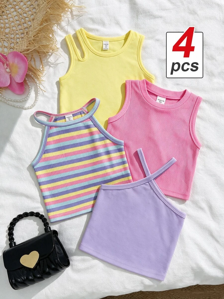 SHEIN Áo ba lỗ thường ngày có gân cho bé gái với nhiều kiểu cổ khác nhau cho mùa xuân