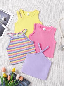 SHEIN Áo ba lỗ thường ngày có gân cho bé gái với nhiều kiểu cổ khác nhau cho mùa xuân - Nhiều màu - Xem 4