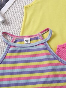 SHEIN Áo ba lỗ thường ngày có gân cho bé gái với nhiều kiểu cổ khác nhau cho mùa xuân - Nhiều màu - Xem 7