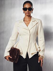 LYSMO Women's Solid Color Tie Design Casual Commute Blazer Fall Jacket, Elegant Blouses Y2K, Work Party Office Cocktail Tops, Chic Unique Blouse Cream White - Apricot - View 3