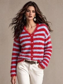 SHEIN Slouchy V-Neck Contrast Color Fuzzy Knit Cardigan City Break Everyday Red Stripe Fall Casual Retro Vintage 70s 80s Christmas Tea Party - Multicolor - View 1