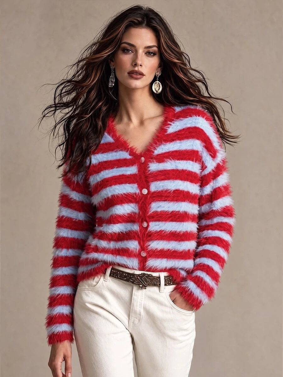 SHEIN Slouchy V-Neck Contrast Color Fuzzy Knit Cardigan City Break Everyday Red Stripe Fall Casual Retro Vintage 70s 80s Christmas Tea Party - Multicolor - View 1