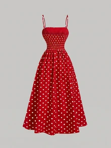 SHEIN MOD 復古 70 年代浪漫法式經典抓皺紅白波點細肩帶中長洋裝，適合聖誕、夏季野餐、度假與派對 - 深紅色 - 查看 2