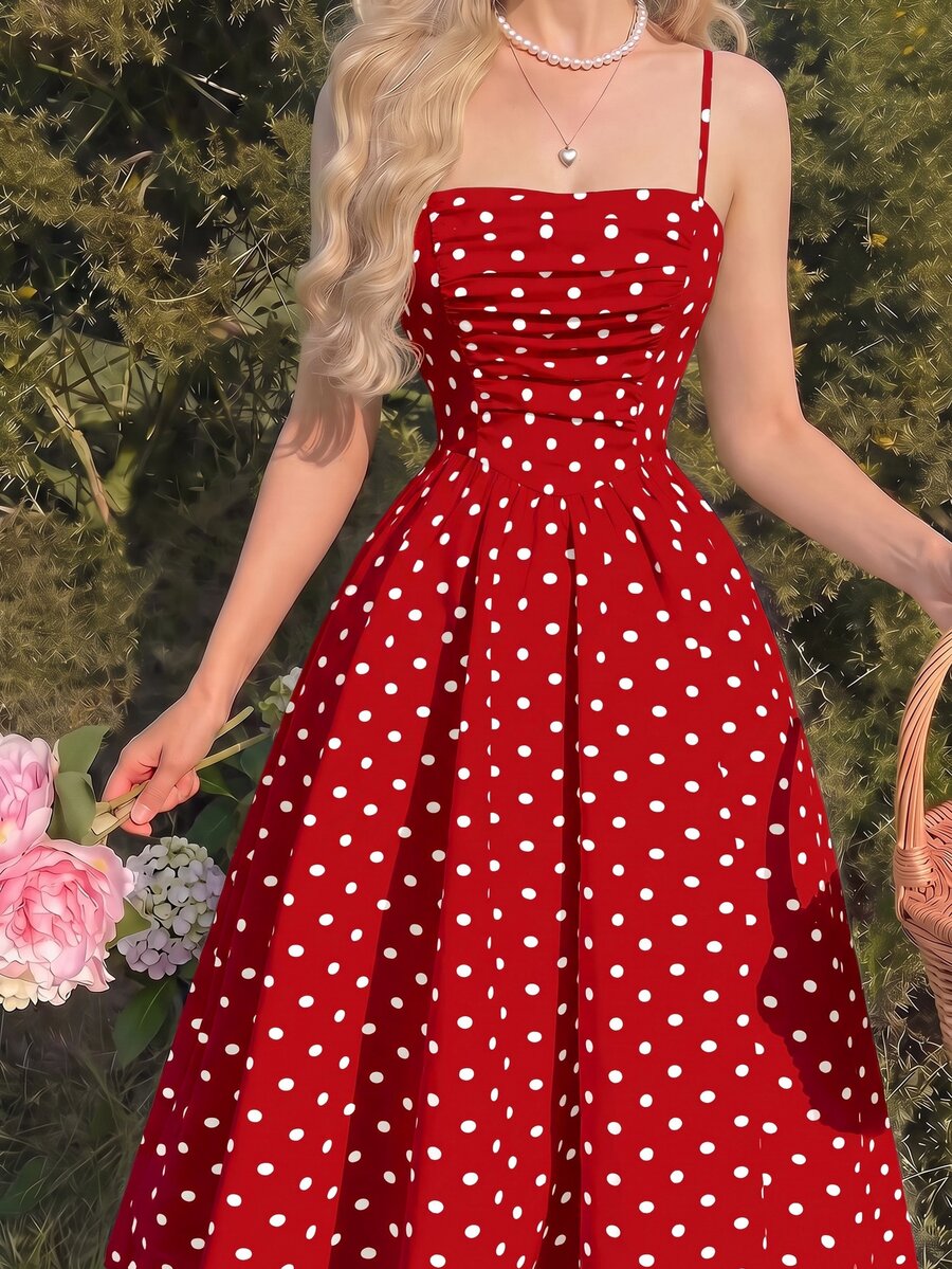 SHEIN MOD 復古 70 年代浪漫法式經典抓皺紅白波點細肩帶中長洋裝,適合聖誕、夏季野餐、度假與派對 - 深紅色 - 查看 1