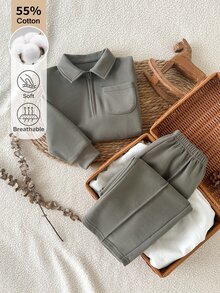 SHEIN 2pcs/Set Boys' POLO Set, New Autumn/Winter Knitted Ribbed Ribbed Fabric Comfortable Casual Outfit Daily Wear, Soft And Comfortable Fabric - Army Green - View 7