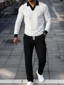 Manfinity Homme Men's Colorblock Long Sleeve Polo Shirt And Drawstring Waist Pants Casual Set - White - View 1