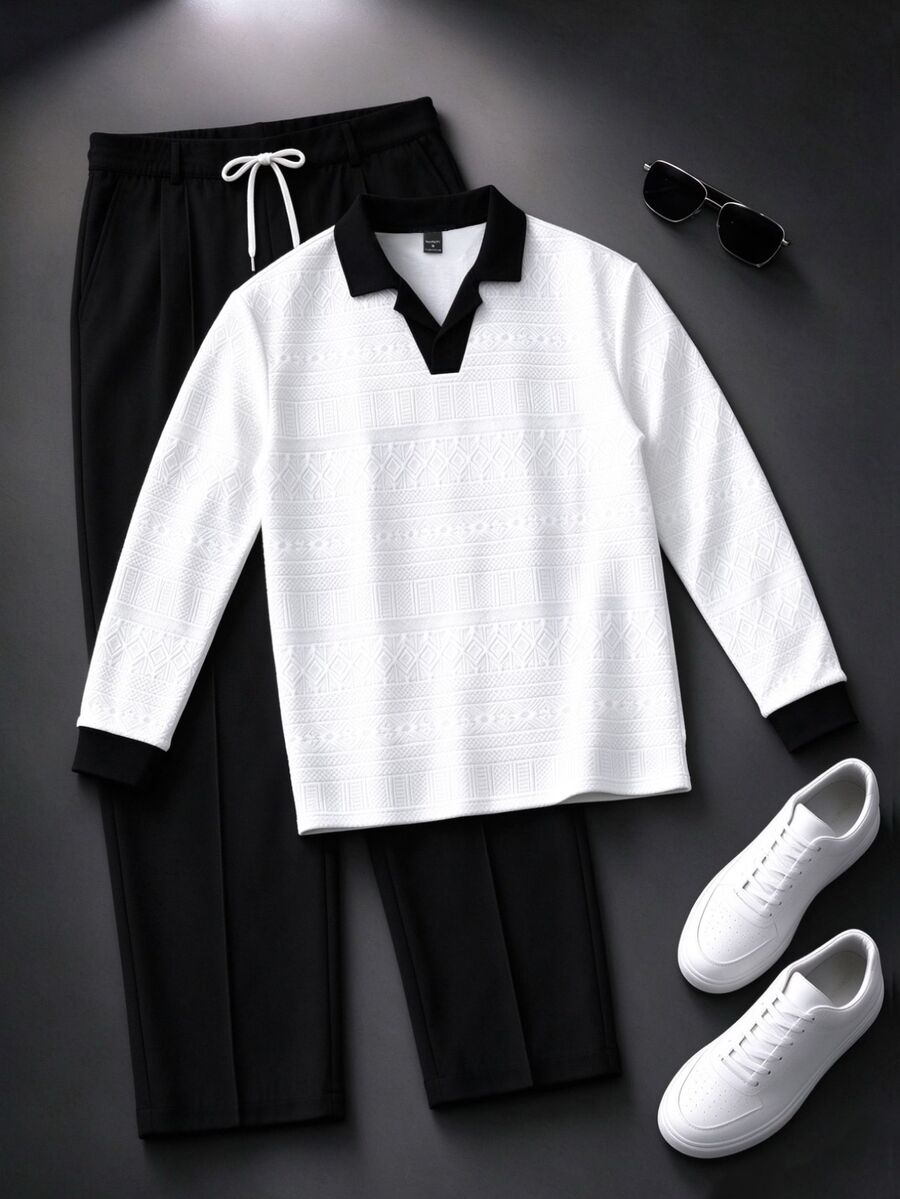 Manfinity Homme 男士拼色長袖 Polo 衫與抽繩腰長褲休閒套裝 - 白色 - 查看 1