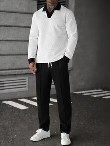 Manfinity Homme Men's Colorblock Long Sleeve Polo Shirt And Drawstring Waist Pants Casual Set - White - View 5
