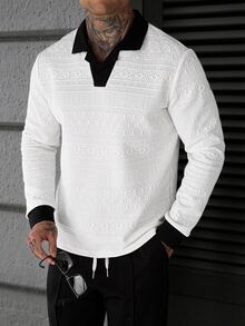 Manfinity Homme Men's Colorblock Long Sleeve Polo Shirt And Drawstring Waist Pants Casual Set - White - View 6