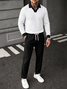 Manfinity Homme Men's Colorblock Long Sleeve Polo Shirt And Drawstring Waist Pants Casual Set - White - View 7