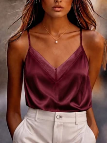 Glimmora Women's Mesh Patchwork Casual Daily Outing Camisole Top - Burgundy - View 3