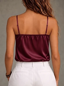 Glimmora Women's Mesh Patchwork Casual Daily Outing Camisole Top - Burgundy - View 2