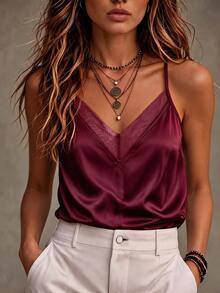Glimmora Women's Mesh Patchwork Casual Daily Outing Camisole Top - Burgundy - View 5