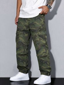 QuarKem Men's Outdoor Street Casual Camouflage Cargo Jogger Jeans - Army Green - View 3