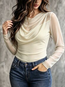 SHEIN LUNE CURVE 大尺碼女款春秋極簡純色半透修身垂領T恤，適合日常穿著秋季 - 杏色 - 查看 5