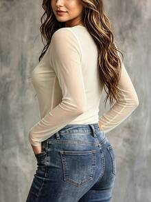 SHEIN LUNE CURVE 大尺碼女款春秋極簡純色半透修身垂領T恤，適合日常穿著秋季 - 杏色 - 查看 2