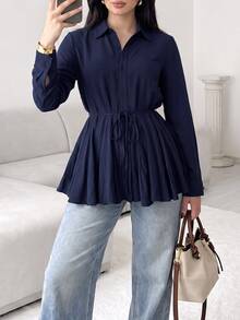 Solavon Women's Casual Solid Color Shirt, Autumn - Navy Blue - View 5
