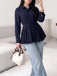 Solavon Women's Casual Solid Color Shirt, Autumn - Navy Blue - View 4