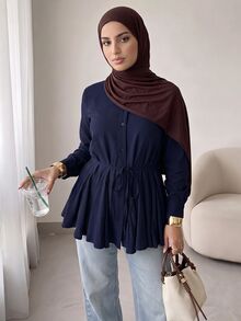 Solavon Women's Casual Solid Color Shirt, Autumn - Navy Blue - View 1