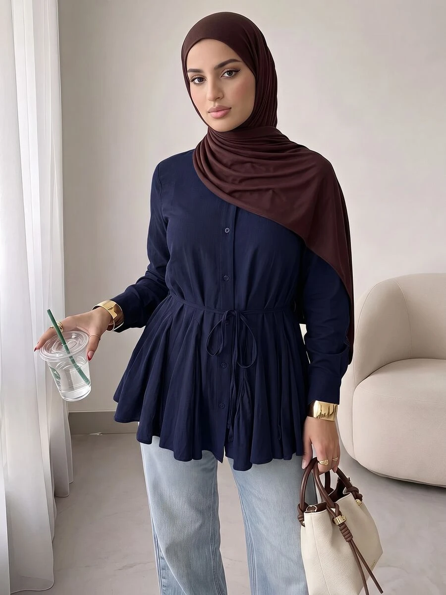Solavon Women's Casual Solid Color Shirt, Autumn - Navy Blue - View 1