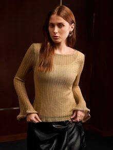 MOTF PREMIUM WOMEN'S SPRING SUMMER AUTUMN SOLID COLOR TEXTURED FABRIC RUFFLE SLEEVE SEMI-SHEER SLIM FIT TOP - Gold - View 4