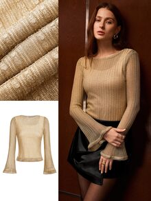 MOTF PREMIUM WOMEN'S SPRING SUMMER AUTUMN SOLID COLOR TEXTURED FABRIC RUFFLE SLEEVE SEMI-SHEER SLIM FIT TOP - Gold - View 8