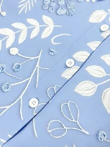Resyla [Printed Design] Women's Casual Floral Print Collared Button-Up Shirt, Light Blue Loose Long Sleeve Top, Retro Leaf Print Blouse, Versatile Daily Wear - Multicolor - View 6