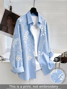 Resyla [Printed Design] Women's Casual Floral Print Collared Button-Up Shirt, Light Blue Loose Long Sleeve Top, Retro Leaf Print Blouse, Versatile Daily Wear - Multicolor - View 1