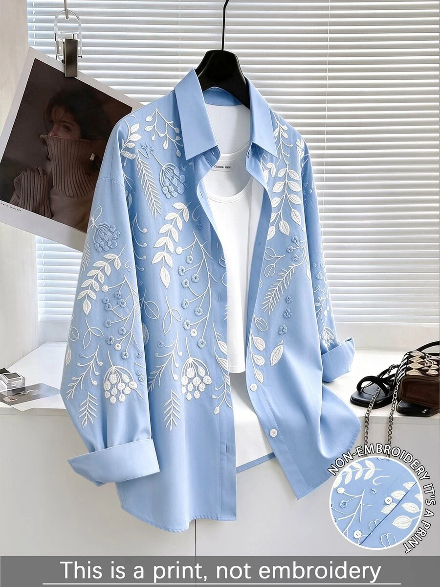 Resyla [Printed Design] Women's Casual Floral Print Collared Button-Up Shirt, Light Blue Loose Long Sleeve Top, Retro Leaf Print Blouse, Versatile Daily Wear - Multicolor - View 1