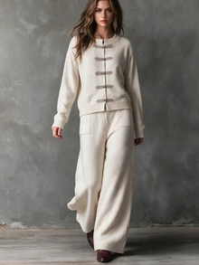 Omancia Elegant Ru Yi Button Long Sleeve Design Women's Sweater 2 Pieces Set - Apricot - View 1