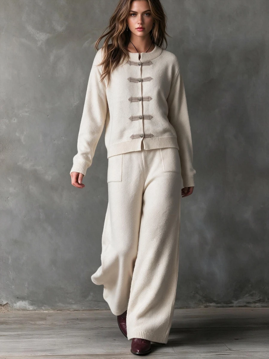 Omancia Elegant Ru Yi Button Long Sleeve Design Women's Sweater 2 Pieces Set - Apricot - View 1