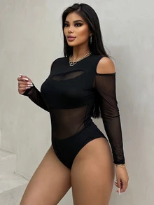 BamGleam 女士網格拼接露肩連體褲 - 黑色 - 查看 5