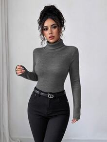 Elenzga 女款高領拼接長袖緊身連身衣，對比色，秋冬款 - 灰色 - 查看 4