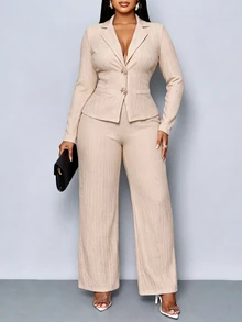 SOLERSUN Plus Size Ladies Apricot V-Lapel Waist Suit With Loose Trousers Suit Two Pieces, Familiar With Business Style, Commuting, Business, Dating. - Apricot - View 4
