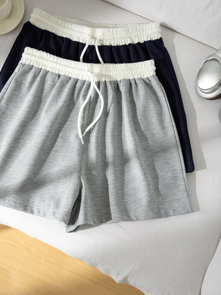 SHEIN Teen Girls 2pcs/Set Elastic Waist Minimalist Baggy Cute Black Knit Sweatshirt Loose Casual Shorts Summer Back-To-School Gym Beach Sports White - Multicolor - View 4