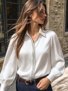 Velvienne New Plus Size Sequin Decorated Lantern Sleeve Daily Collared Women's Blouse Fall - White - View 1