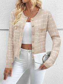 SHEIN Plaid Pattern Patch Pocket Cardigan,Long Sleeve Tops Fall Winter Cloth For Women - Beige - View 7