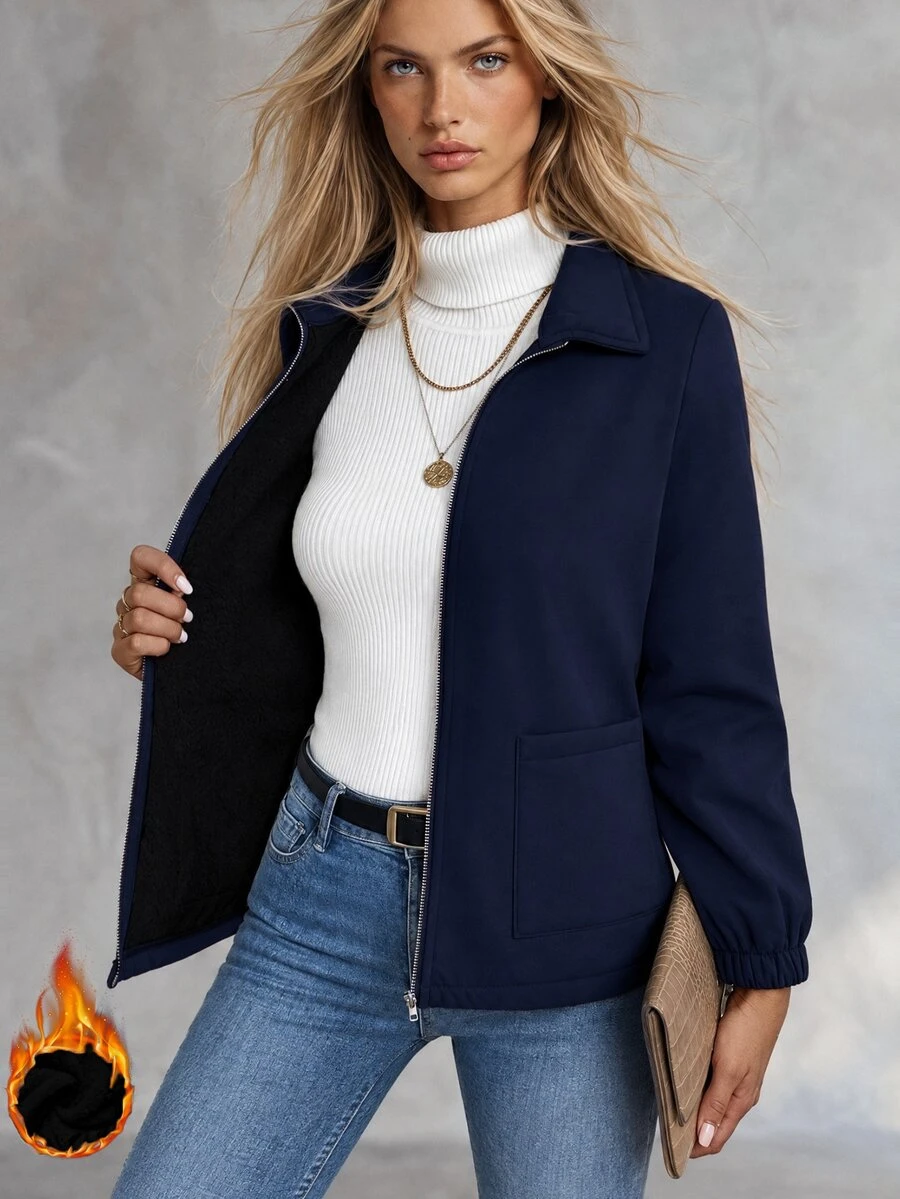 SHEIN 女士纯色简约日常拉链抓绒外套,休闲女式夹克,秋季女装,女士西装外套,藏蓝色开衫 - 藏蓝色 - 查看 1