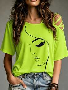 SHEIN Women's Summer Abstract Face Print Asymmetric Collar Casual T-Shirt Graphic Tees Women Tops - Green - View 2