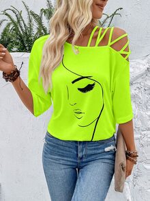 SHEIN Women's Summer Abstract Face Print Asymmetric Collar Casual T-Shirt Graphic Tees Women Tops - Green - View 9