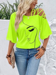 SHEIN Women's Summer Abstract Face Print Asymmetric Collar Casual T-Shirt Graphic Tees Women Tops - Green - View 7