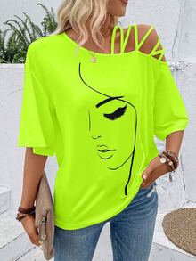 SHEIN Women's Summer Abstract Face Print Asymmetric Collar Casual T-Shirt Graphic Tees Women Tops - Green - View 6