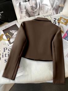 SHEIN Blazer corto casual/de trabajo de mujer de unicolor, con cuello de solapa, manga larga y un solo botón - Marrón - Ver 4