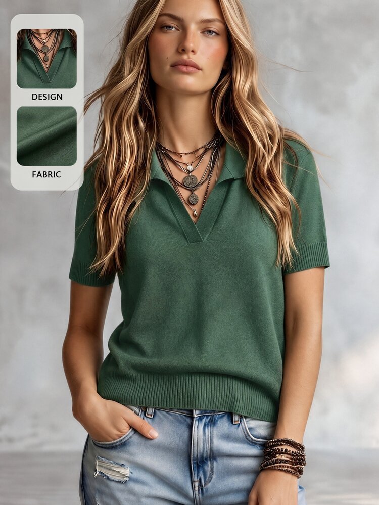SHEIN Women's Simple Solid Color Turndown Collar Short Sleeve Casual Fitted Knit Top, Versatile For Spring/Summer - Dark Green - View 1