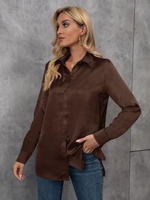 SHEIN Camisa de mujer casual y minimalista con botones delanteros, estilo para ir al trabajo, otoño - Café integral - Ver 4