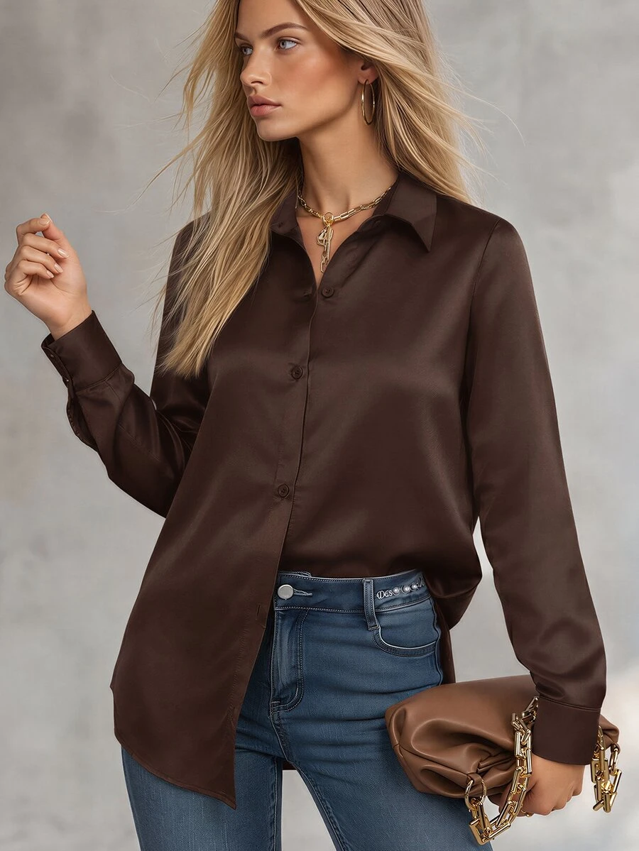 SHEIN Camisa de mujer casual y minimalista con botones delanteros, estilo para ir al trabajo, otoño - Café integral - Ver 1