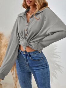 SHEIN 女式休闲宽松蝙蝠袖纯色纽扣T恤，秋季 - 灰色 - 查看 5