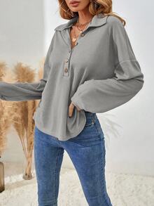 SHEIN 女式休闲宽松蝙蝠袖纯色纽扣T恤，秋季 - 灰色 - 查看 7