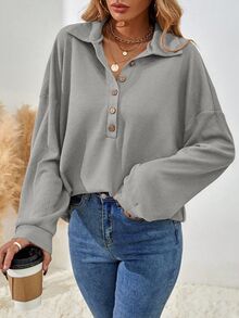 SHEIN 女式休闲宽松蝙蝠袖纯色纽扣T恤，秋季 - 灰色 - 查看 2